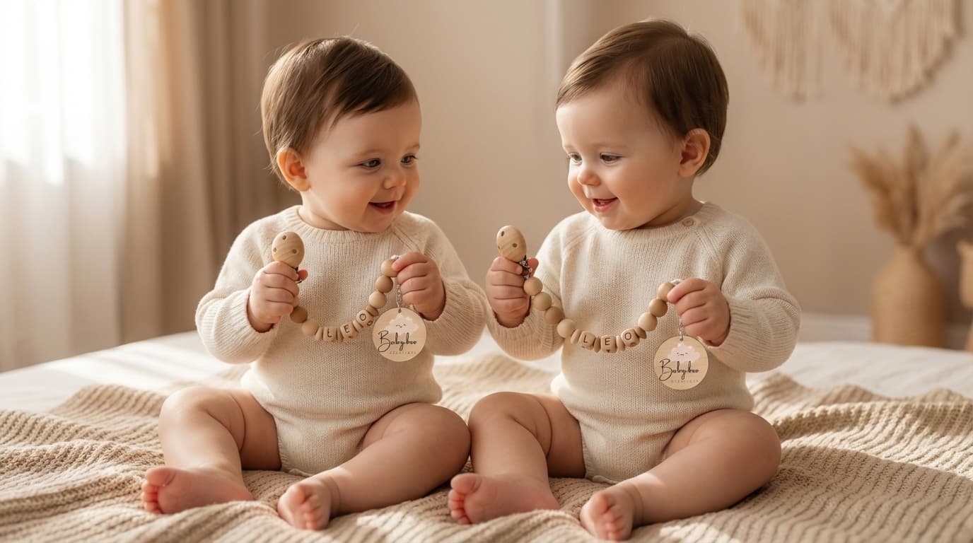 Bébés jumeaux souriants avec perles personnalisées — Babyboo Créations
